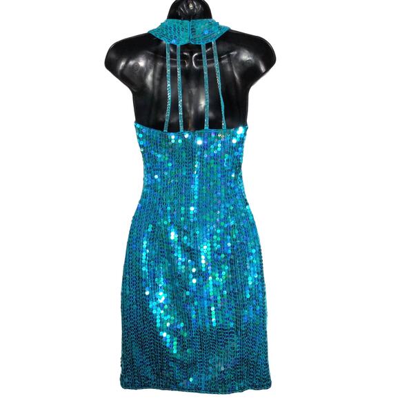 Vintage 90s Teal Sequin Mini Dress Concert Party Cocktail Sleeveless Mermaid - Picture 5 of 13